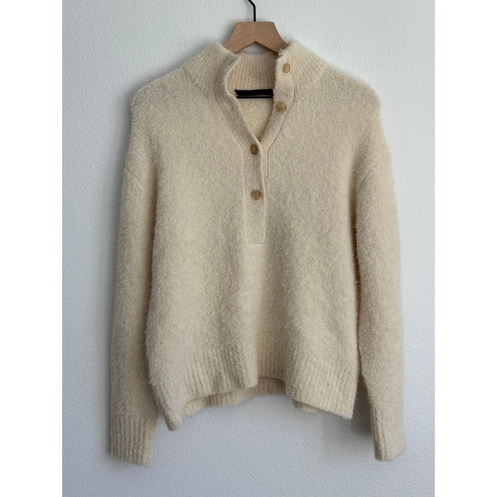 Jenni Kayne Sweater XS Ivory Alpaca Merino Wool Mock Neck Button Pullover Cozy